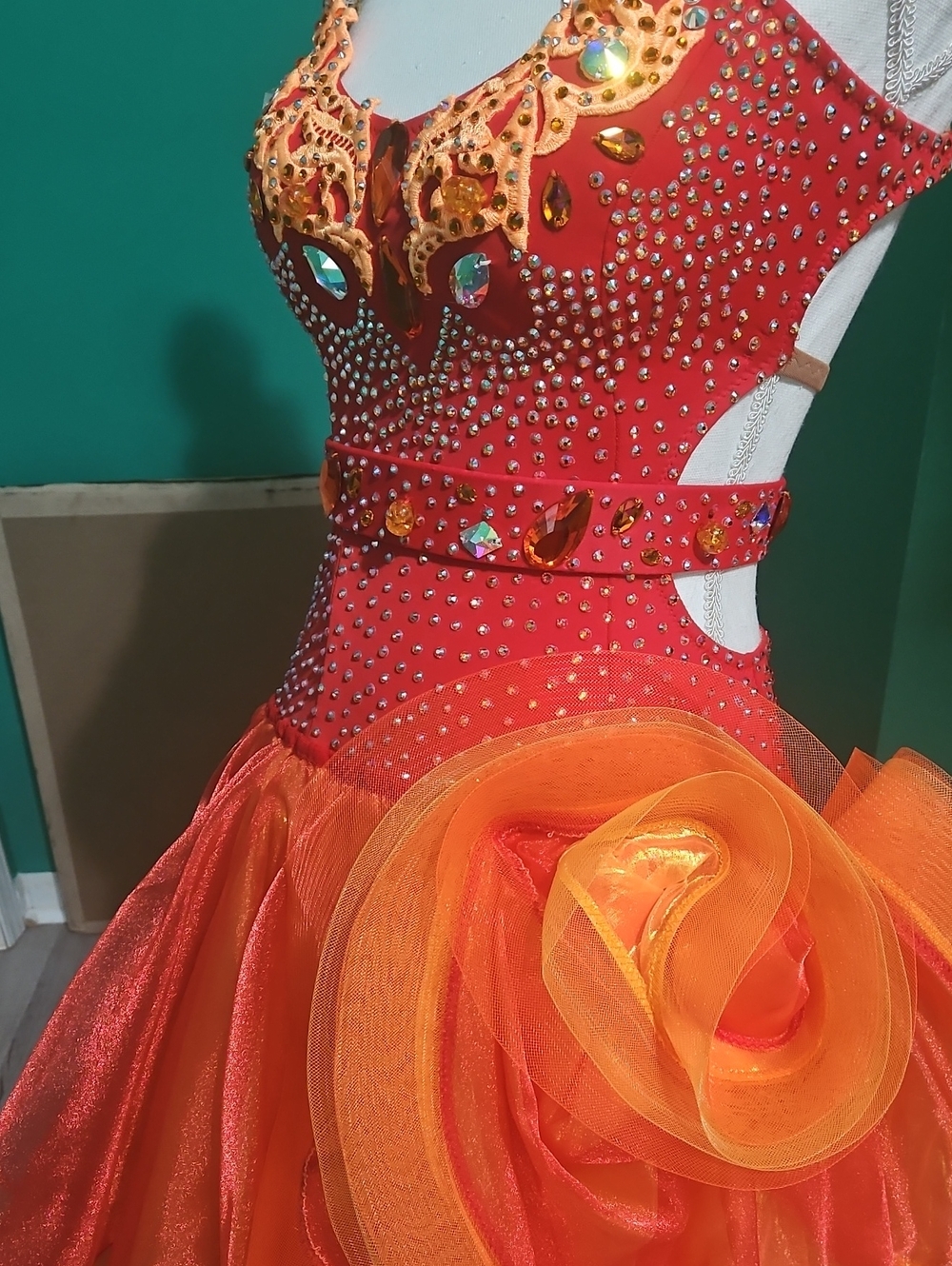 Phoenix Rising - Rhythm Latin Competition Dress - Orange backless w/ Swarovski